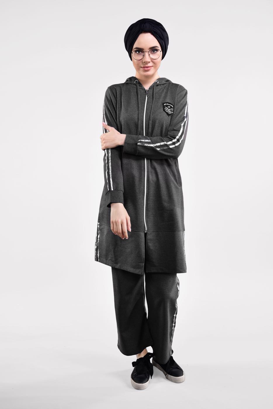 Tesettür giyim GRİ YANLARI ŞERİTLİ EŞOFMAN TAKIMI 0101