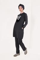 Tesettür giyim GRİ YAZI VE PÜSKÜL DETAYLI PANTOLONLU EŞOFMAN TAKIM 1109