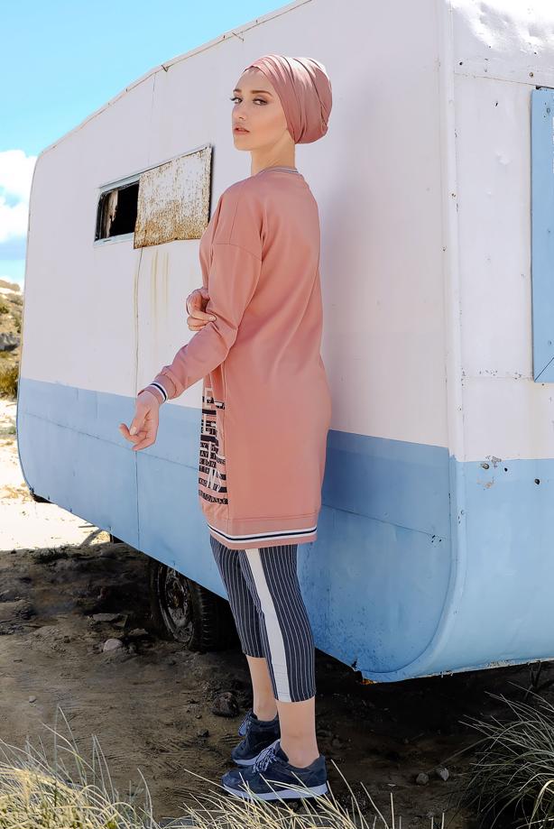 Hijab clothing NAVY BLUE Side Ribbon Detailed Striped Tracksuit Pants T 1606  - TRENDTESETTÜR