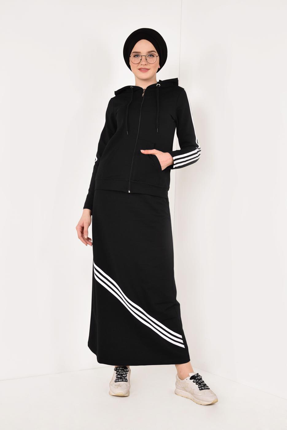 Tesettür giyim SİYAH ÇİZGİ DETAYLI ETEKLİ EŞOFMAN TAKIMI 3938