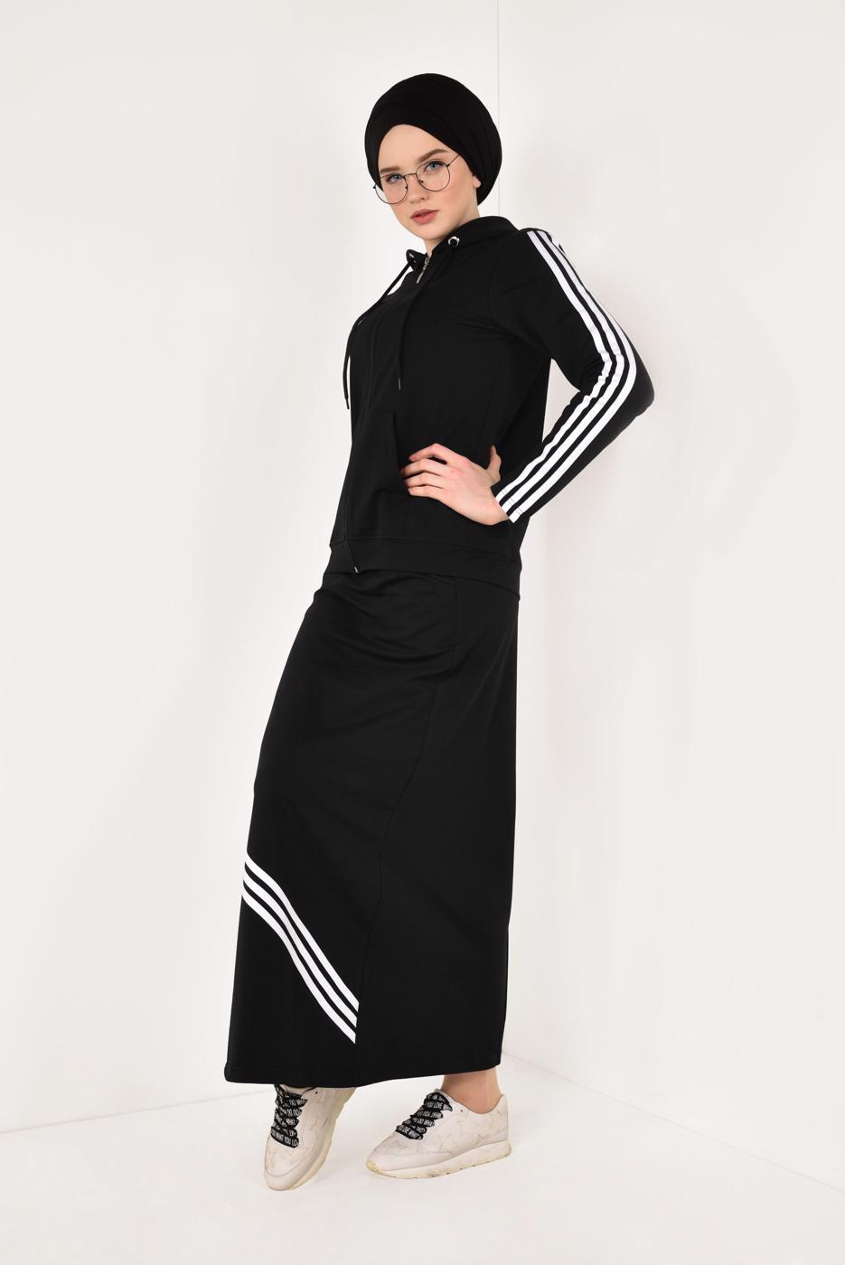 Tesettür giyim SİYAH ÇİZGİ DETAYLI ETEKLİ EŞOFMAN TAKIMI 3938