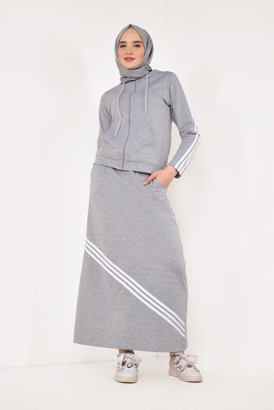 Tesettür giyim GRİ ÇİZGİ DETAYLI ETEKLİ EŞOFMAN TAKIMI 3938