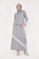 Tesettür giyim GRİ ÇİZGİ DETAYLI ETEKLİ EŞOFMAN TAKIMI 3938