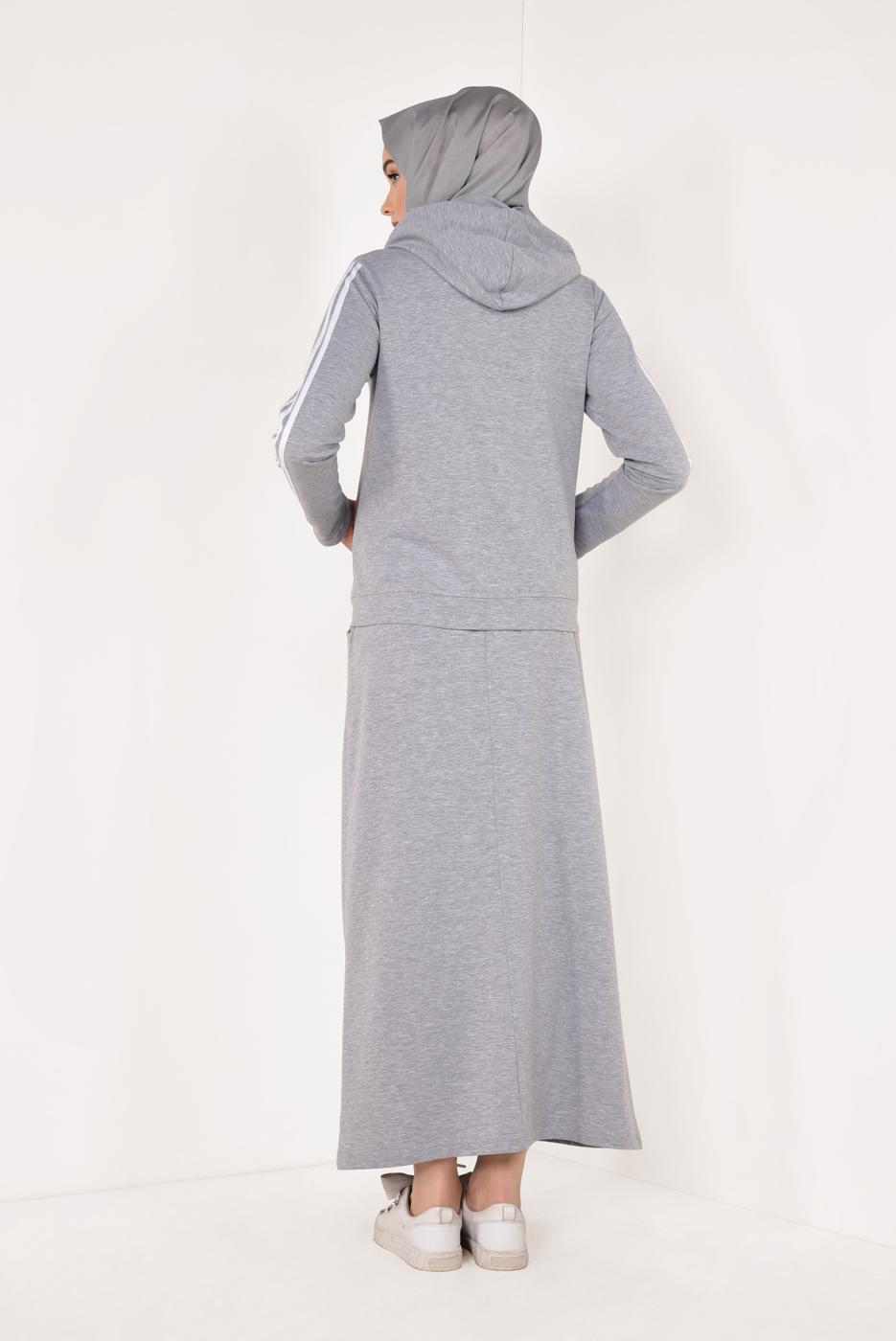 Tesettür giyim GRİ ÇİZGİ DETAYLI ETEKLİ EŞOFMAN TAKIMI 3938