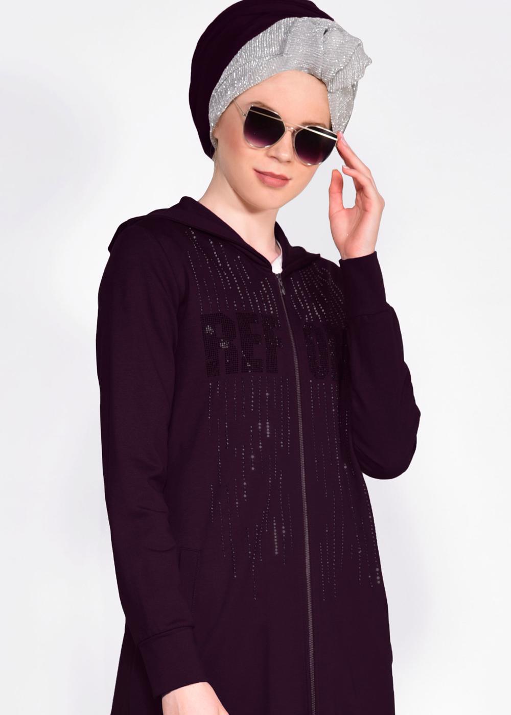 Tesettür giyim MOR YAZI DETAYLI KAPÜŞONLU UZUN EŞOFMAN TUNİK 4131