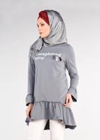 Tesettür giyim GRİ BASKI DETAYLI VOLANLI EŞOFMAN TUNİK 4873