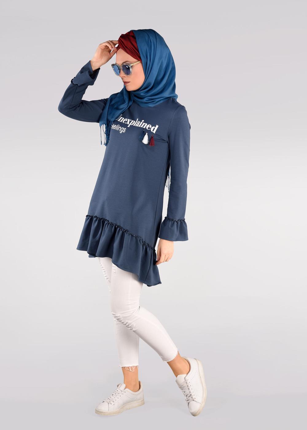 Tesettür giyim LACİVERT BASKI DETAYLI VOLANLI EŞOFMAN TUNİK 4873