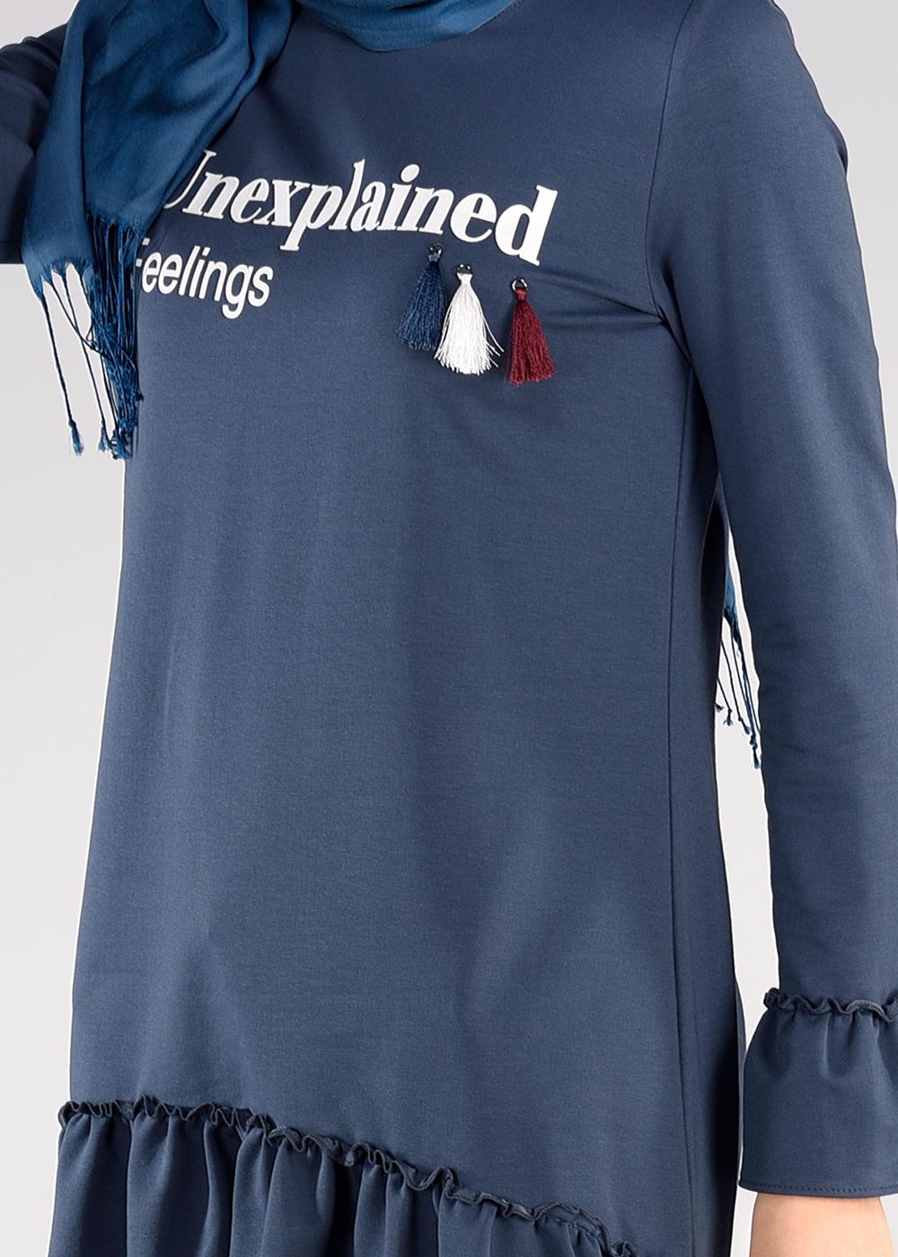 Tesettür giyim LACİVERT BASKI DETAYLI VOLANLI EŞOFMAN TUNİK 4873