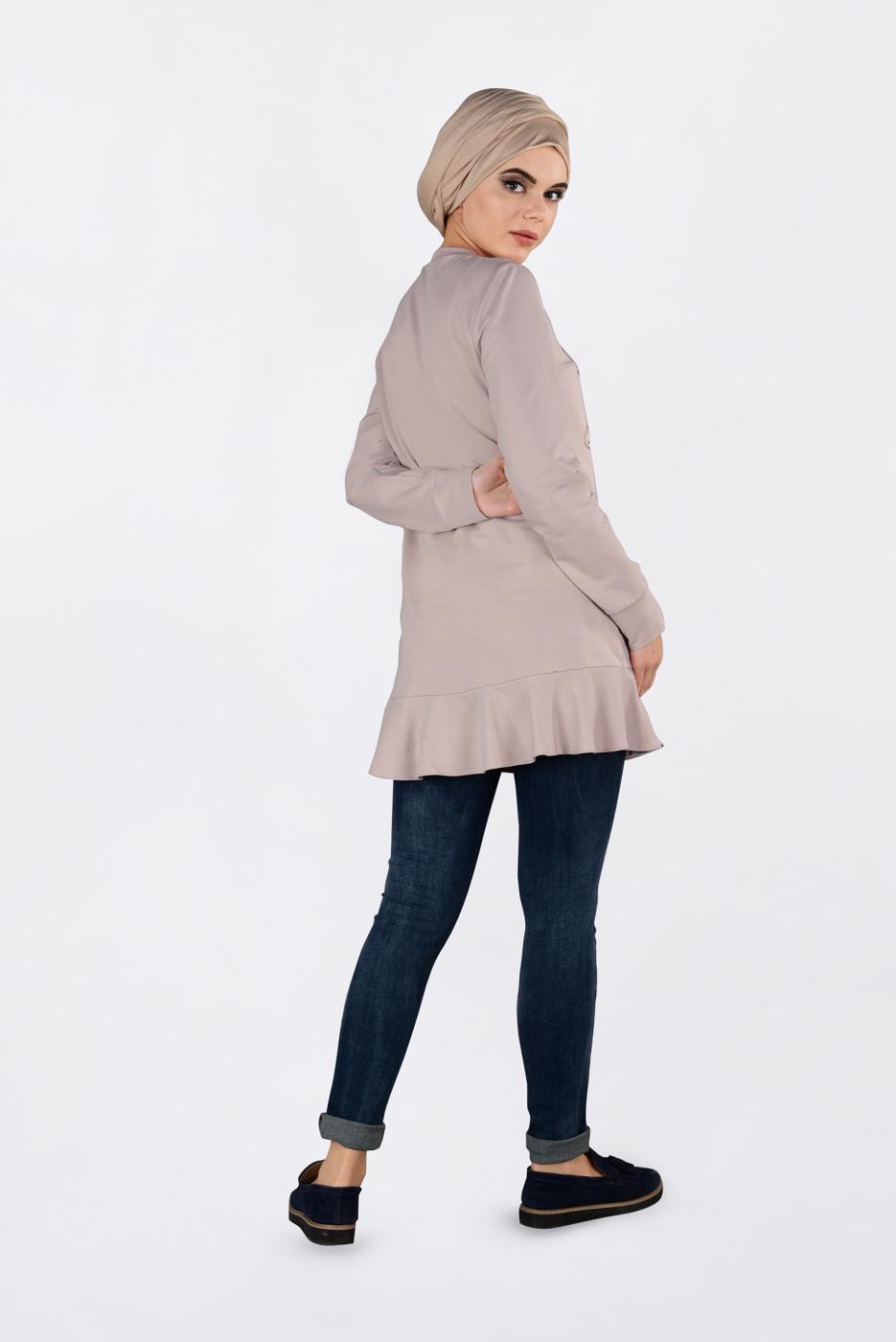 Tesettür giyim BEJ ETEK UCU VOLANLI PUL PAYETLİ TUNİK 4877