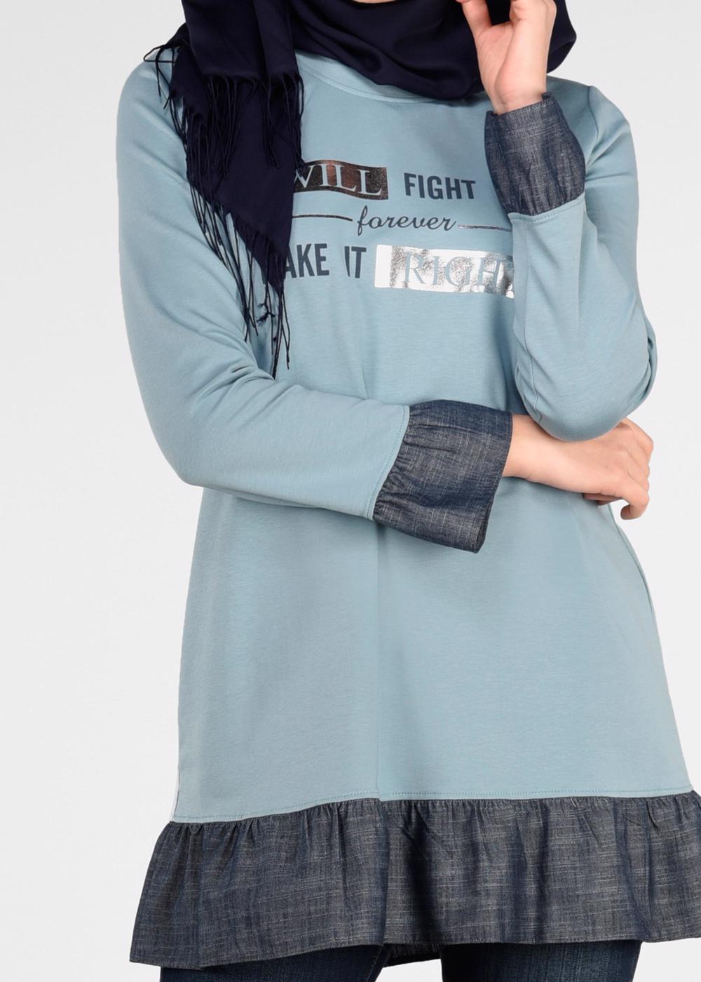 Tesettür giyim MAVİ VOLANLI YAZI BASKILI EŞOFMAN TUNİK 4915 