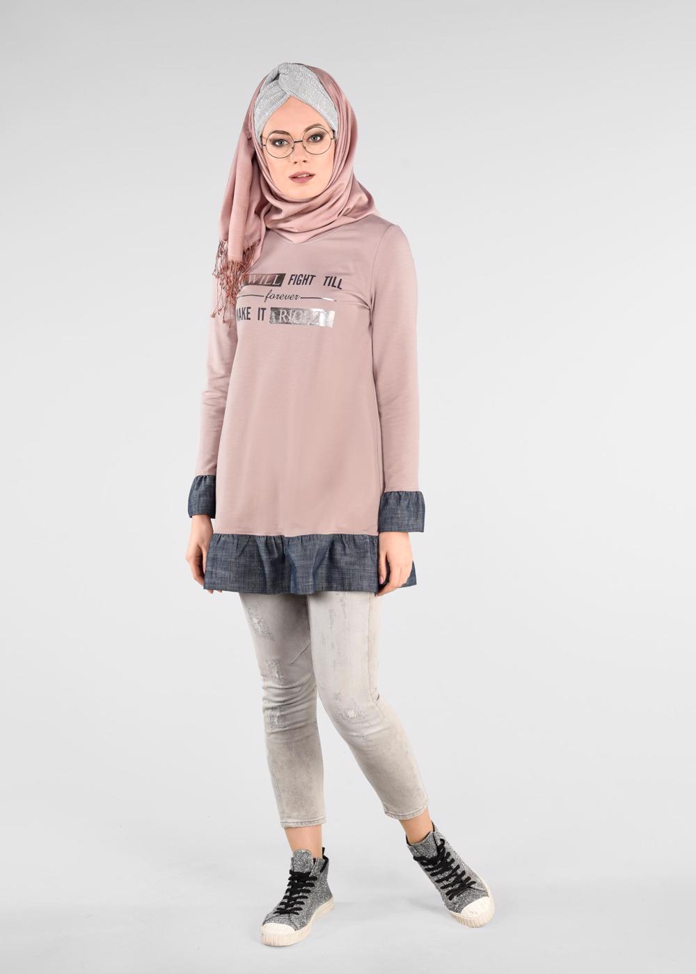 Tesettür giyim PUDRA VOLANLI YAZI BASKILI EŞOFMAN TUNİK 4915 