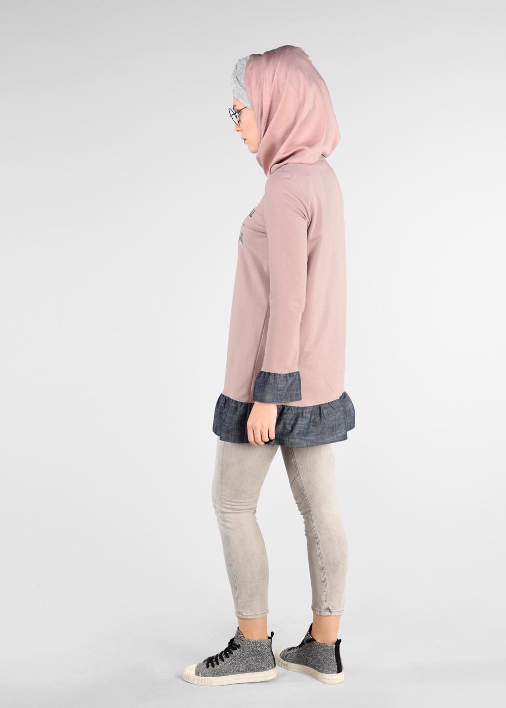 Tesettür giyim PUDRA VOLANLI YAZI BASKILI EŞOFMAN TUNİK 4915 