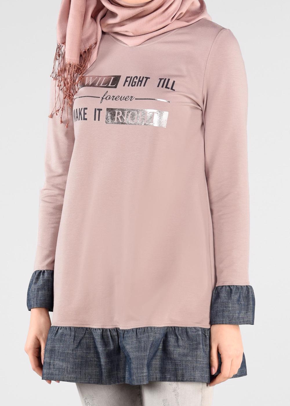 Tesettür giyim PUDRA VOLANLI YAZI BASKILI EŞOFMAN TUNİK 4915 