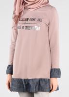 Tesettür giyim PUDRA VOLANLI YAZI BASKILI EŞOFMAN TUNİK 4915 