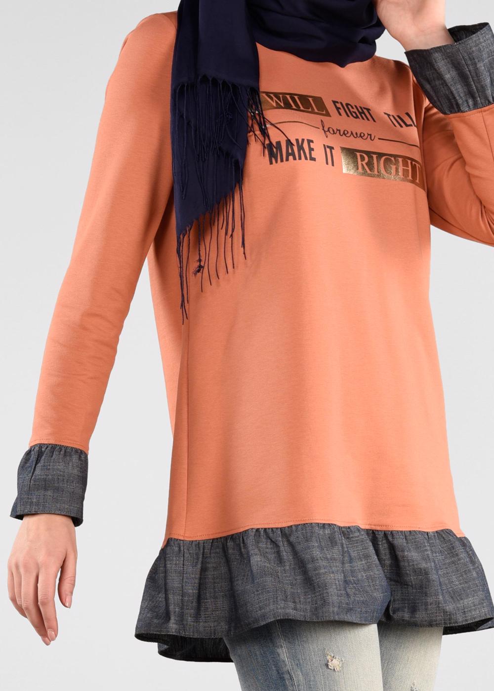 Tesettür giyim TURUNCU VOLANLI YAZI BASKILI EŞOFMAN TUNİK 4915 