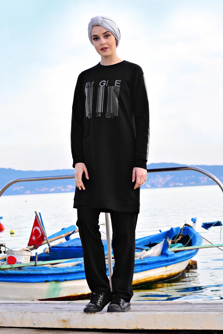 Tesettür giyim SİYAH ÖNÜ TAŞLI PAMUKLU EŞOFMAN TAKIMI 5238