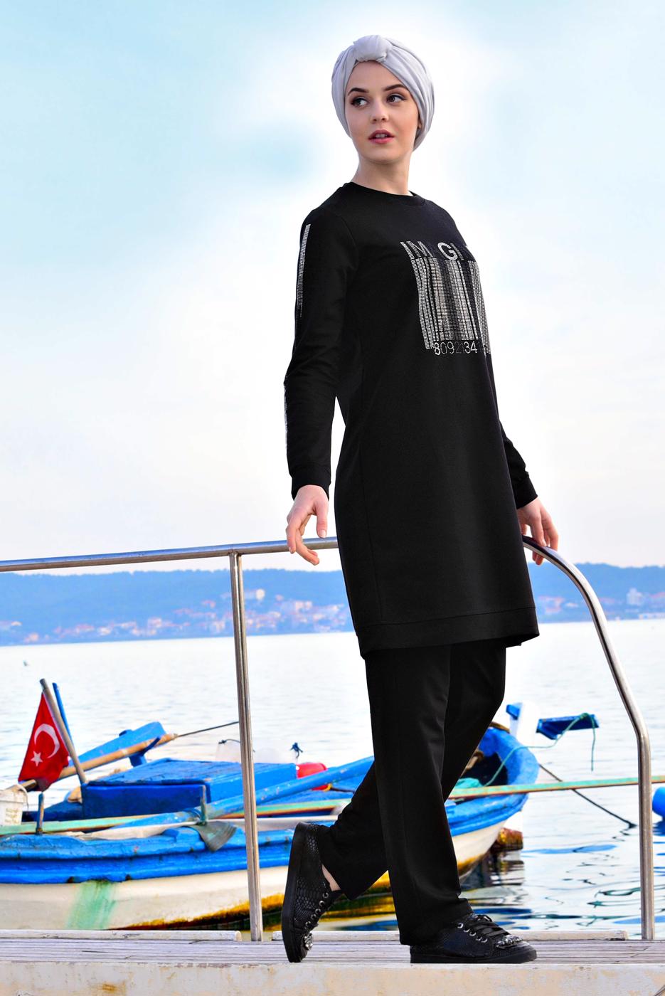 Tesettür giyim SİYAH ÖNÜ TAŞLI PAMUKLU EŞOFMAN TAKIMI 5238