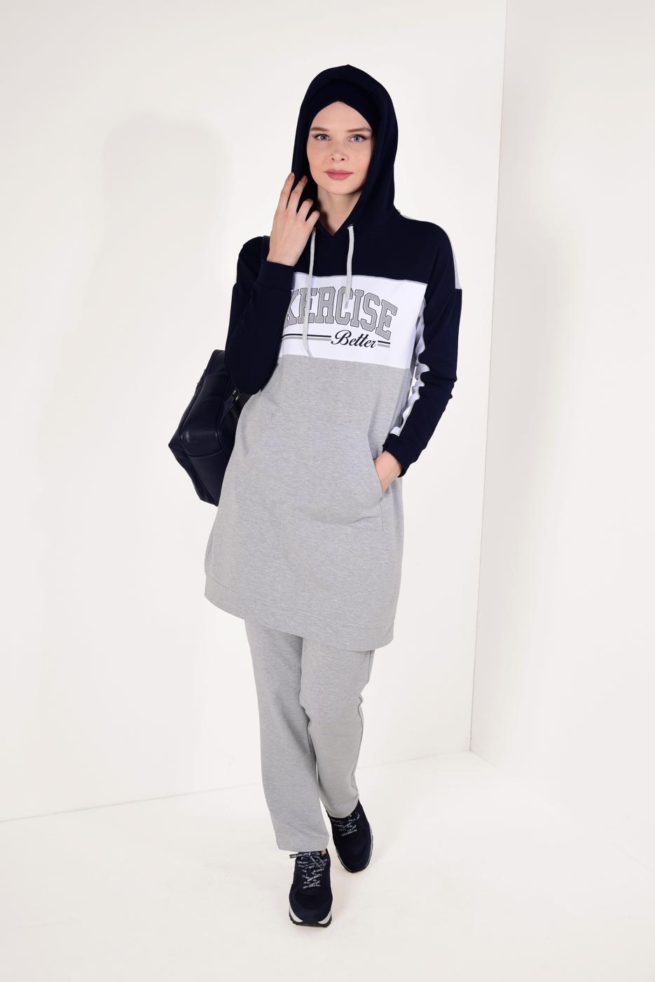 Tesettür giyim GRİ YAZI BASKILI PANTOLONLU EŞOFMAN TAKIM T 5738