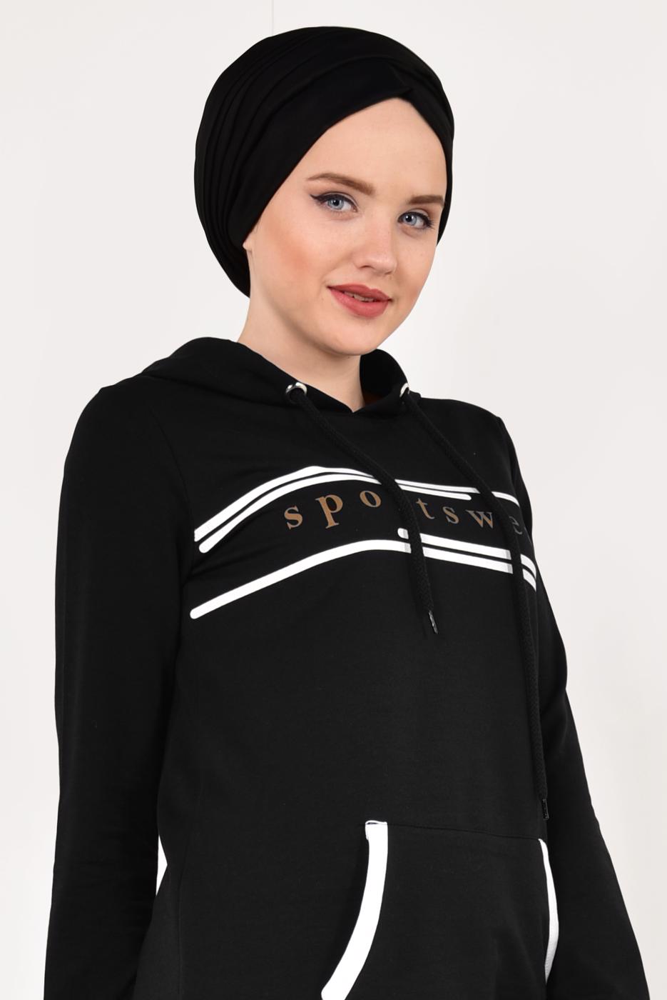 Tesettür giyim SİYAH CEP VE KAPÜŞON DETAYLI PANTOLONLU EŞOFMAN TAKIM 5938