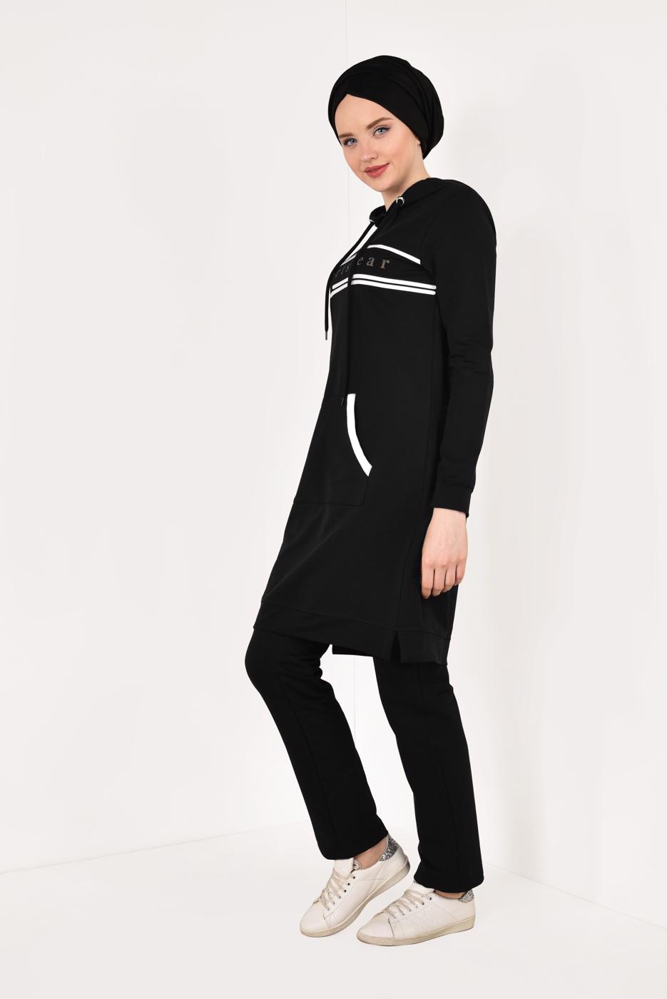 Tesettür giyim SİYAH CEP VE KAPÜŞON DETAYLI PANTOLONLU EŞOFMAN TAKIM 5938