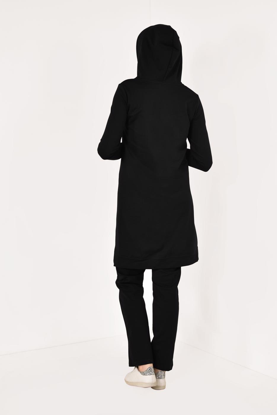 Tesettür giyim SİYAH CEP VE KAPÜŞON DETAYLI PANTOLONLU EŞOFMAN TAKIM 5938