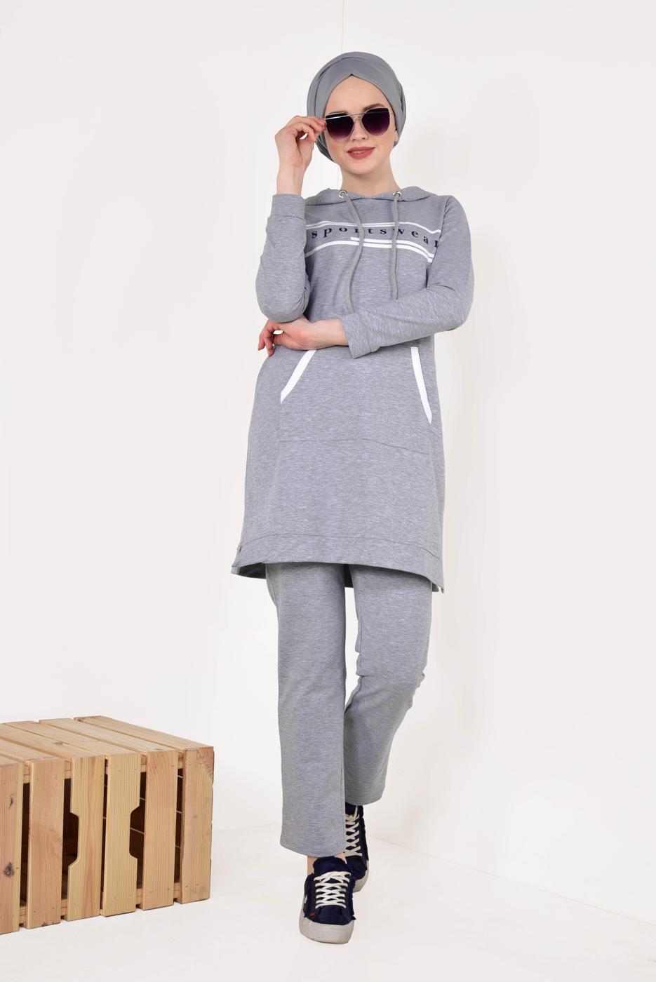 Tesettür giyim GRİ CEP VE KAPÜŞON DETAYLI PANTOLONLU EŞOFMAN TAKIM 5938