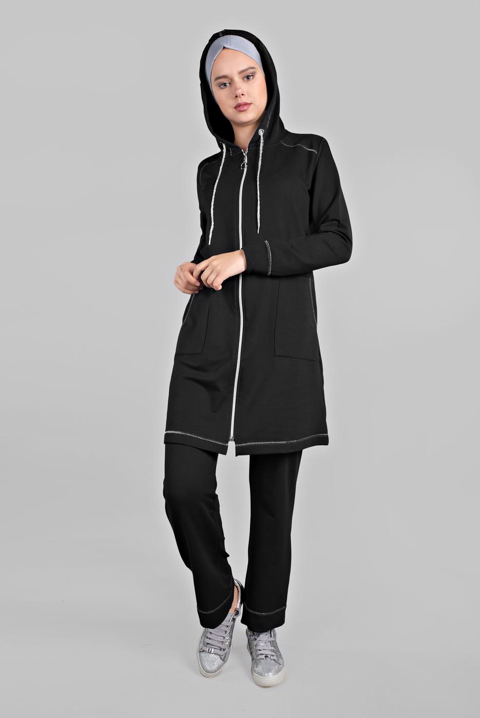 Tesettür giyim SİYAH KAPÜŞONLU EŞOFMAN TAKIM 6301 