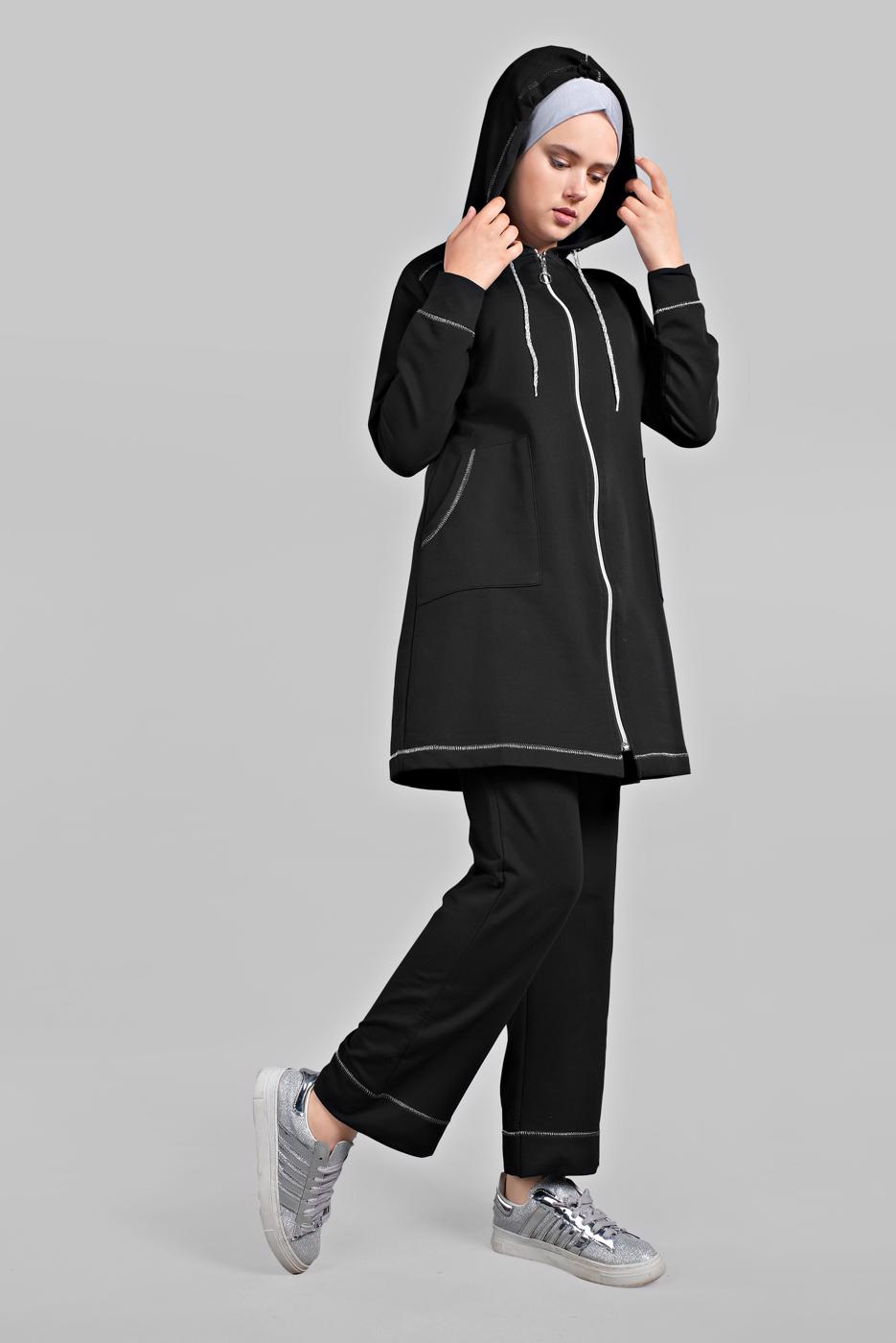 Tesettür giyim SİYAH KAPÜŞONLU EŞOFMAN TAKIM 6301 