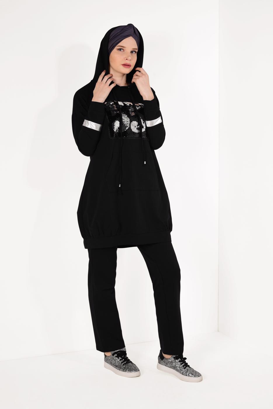 Tesettür giyim SİYAH PUL PAYETLİ PANTOLONLU EŞOFMAN TAKIM T 7009