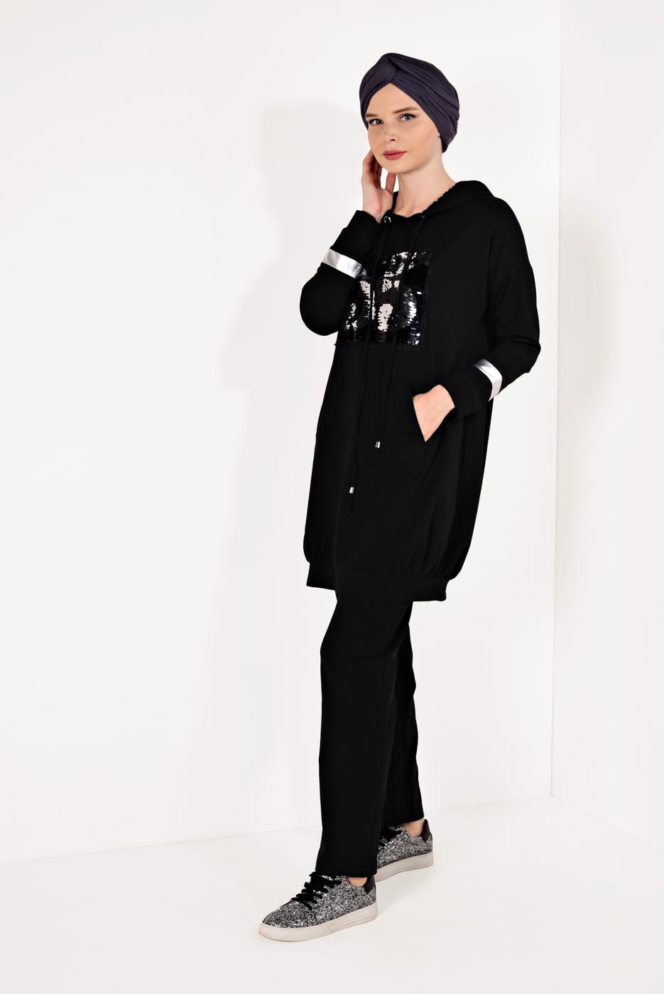 Tesettür giyim SİYAH PUL PAYETLİ PANTOLONLU EŞOFMAN TAKIM T 7009
