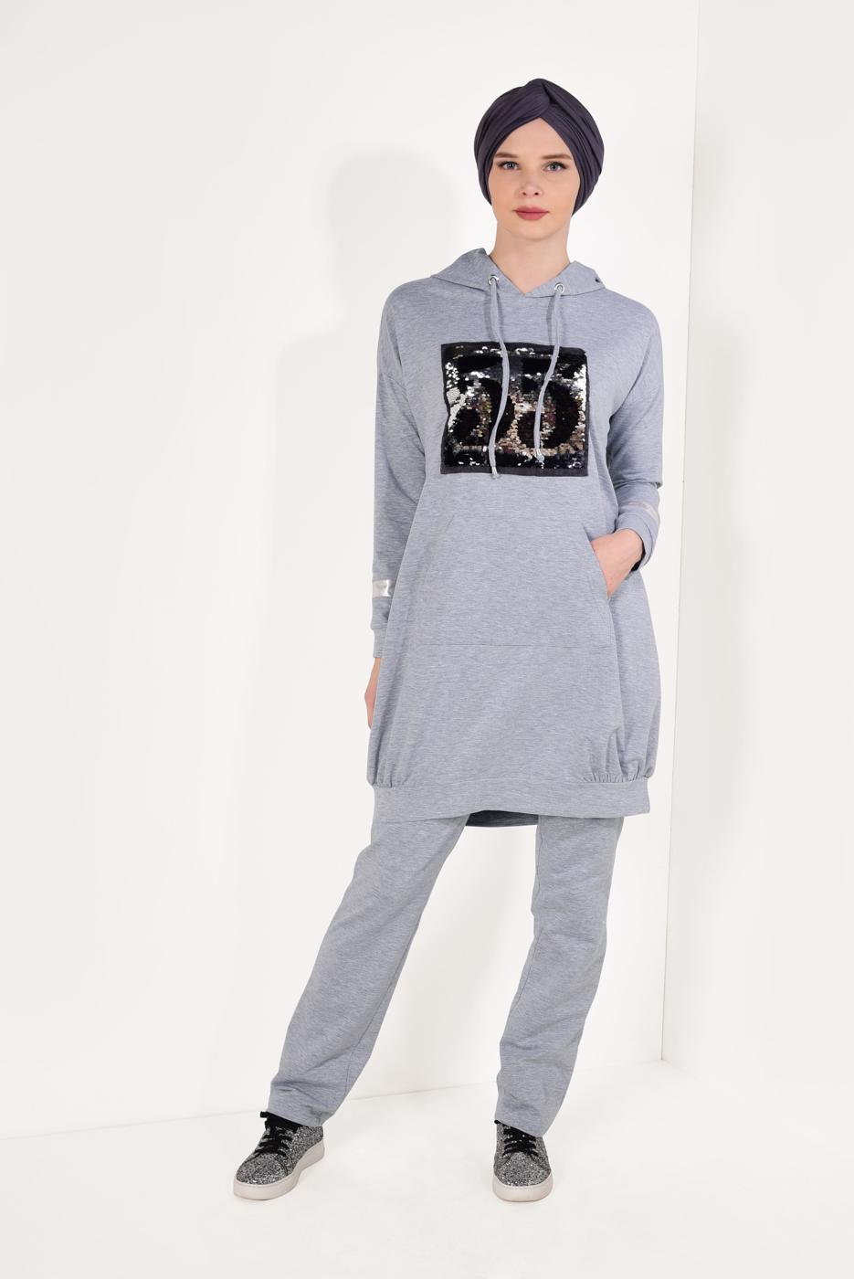 Tesettür giyim GRİ PUL PAYETLİ PANTOLONLU EŞOFMAN TAKIM T 7009