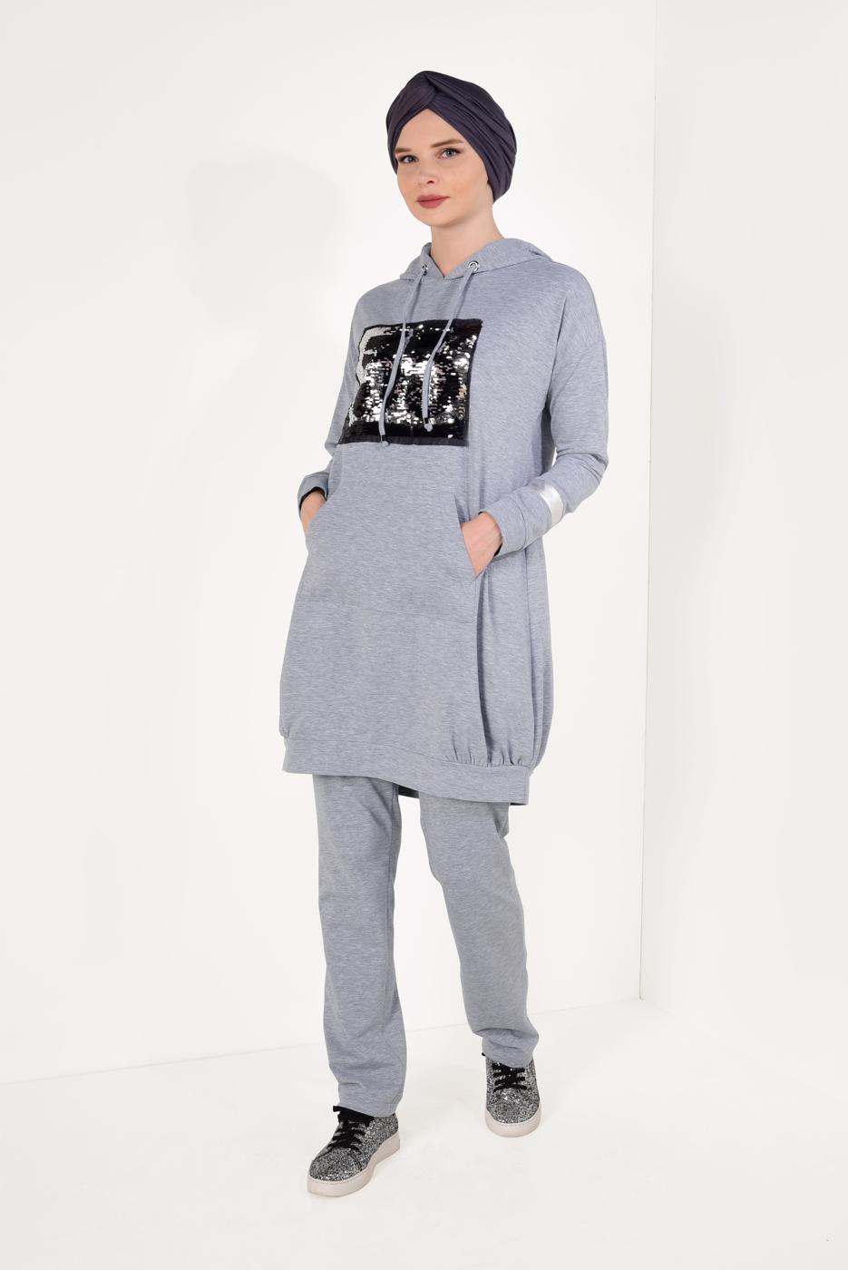 Tesettür giyim GRİ PUL PAYETLİ PANTOLONLU EŞOFMAN TAKIM T 7009