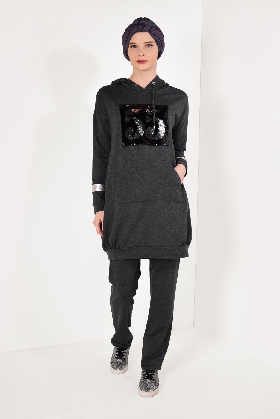 Tesettür giyim GRİ PUL PAYETLİ PANTOLONLU EŞOFMAN TAKIM T 7009