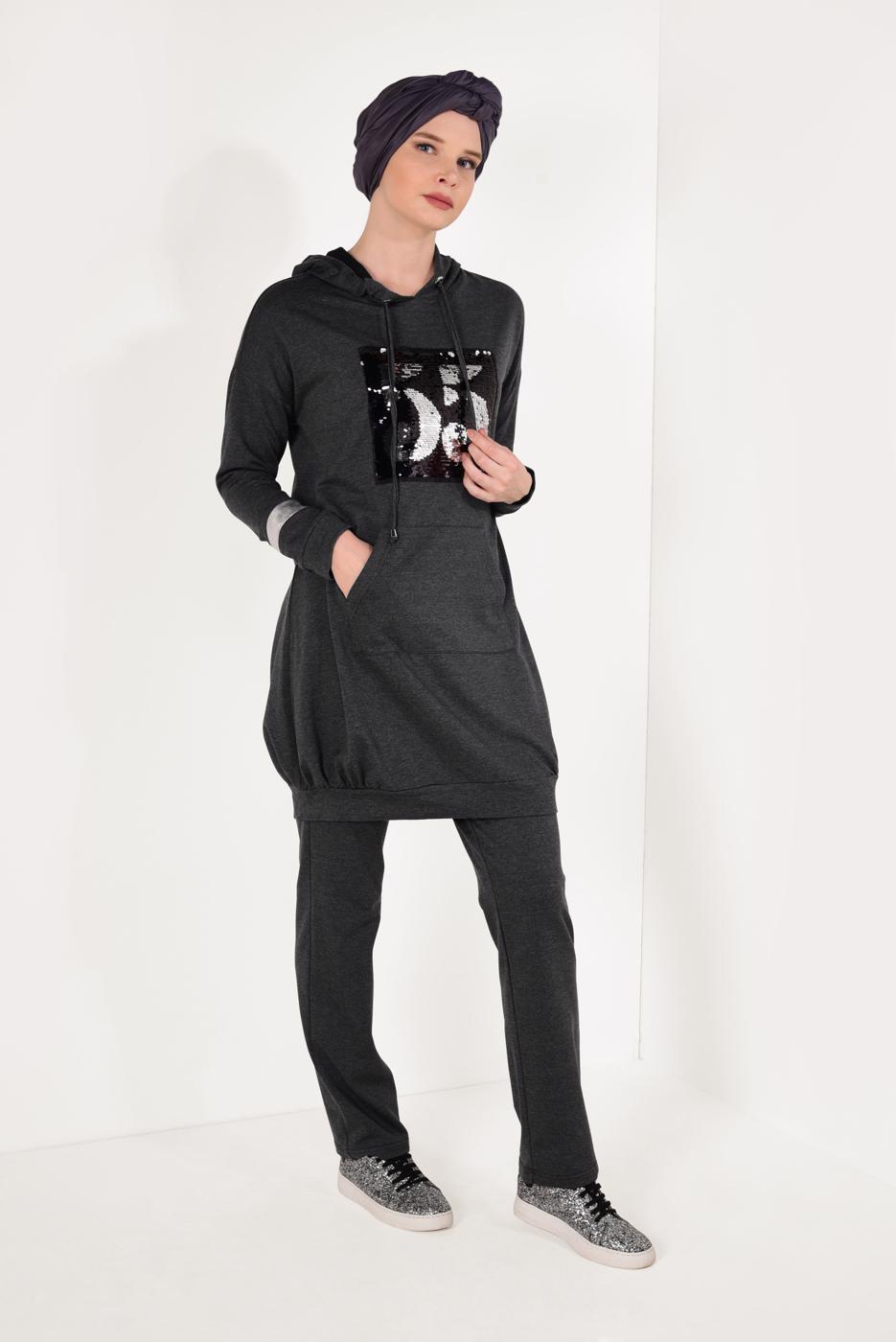 Tesettür giyim GRİ PUL PAYETLİ PANTOLONLU EŞOFMAN TAKIM T 7009