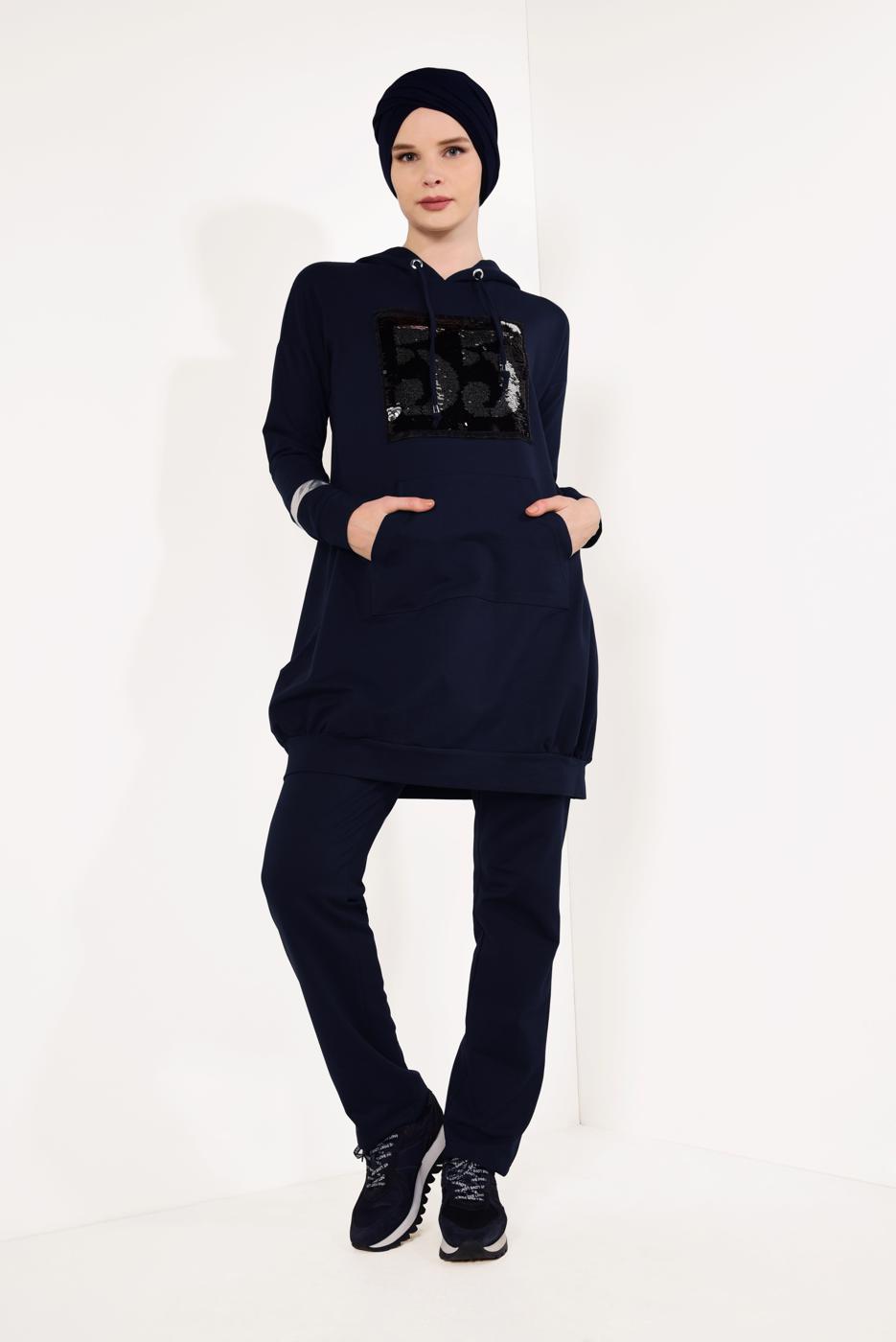 Tesettür giyim LACİVERT PUL PAYETLİ PANTOLONLU EŞOFMAN TAKIM T 7009
