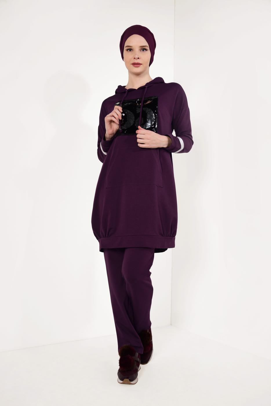 Tesettür giyim MÜRDÜM PUL PAYETLİ PANTOLONLU EŞOFMAN TAKIM T 7009