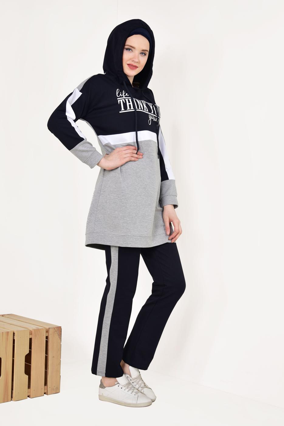Tesettür giyim GRİ KAPÜŞONLU EŞOFMAN TAKIM T 7238