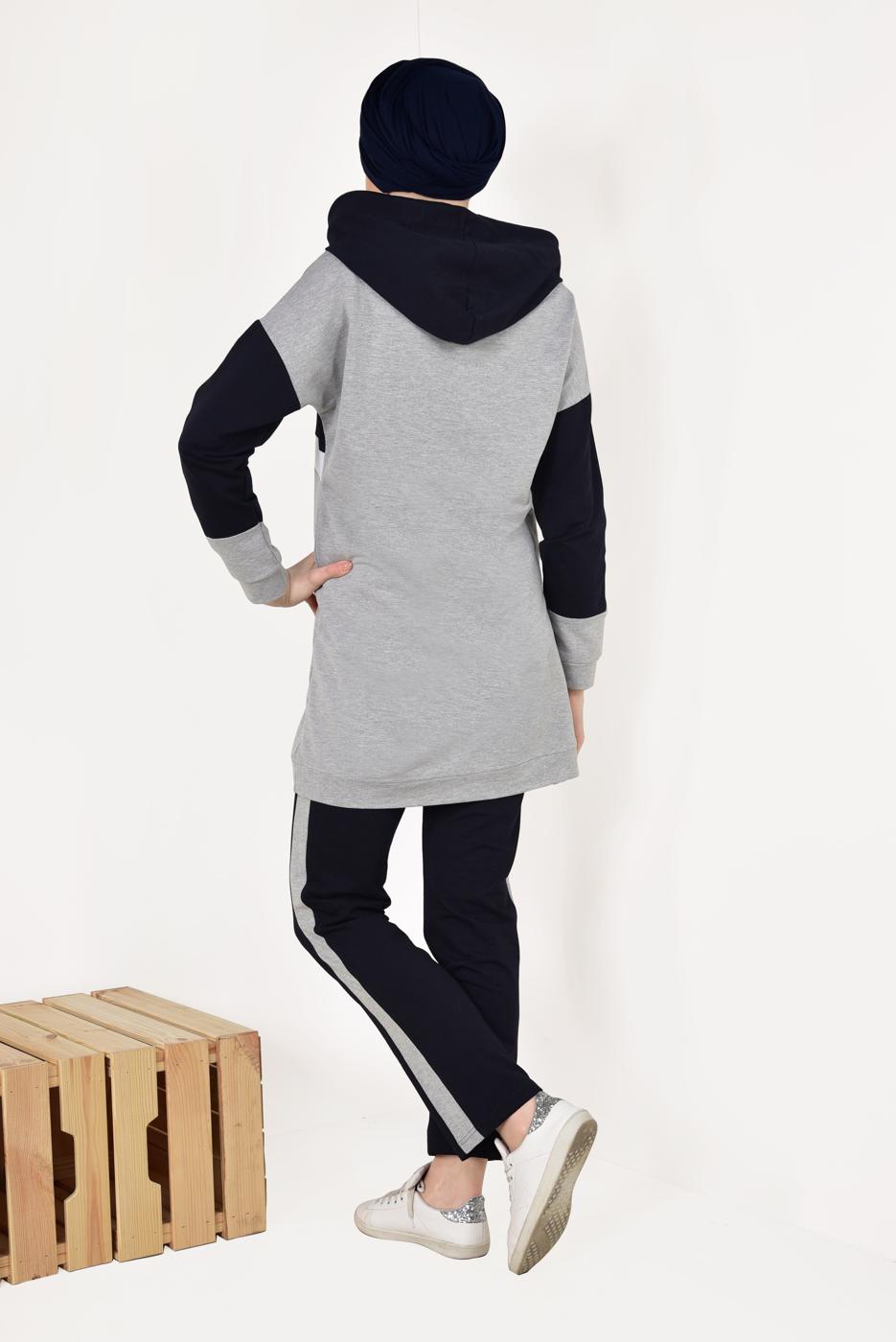 Tesettür giyim GRİ KAPÜŞONLU EŞOFMAN TAKIM T 7238