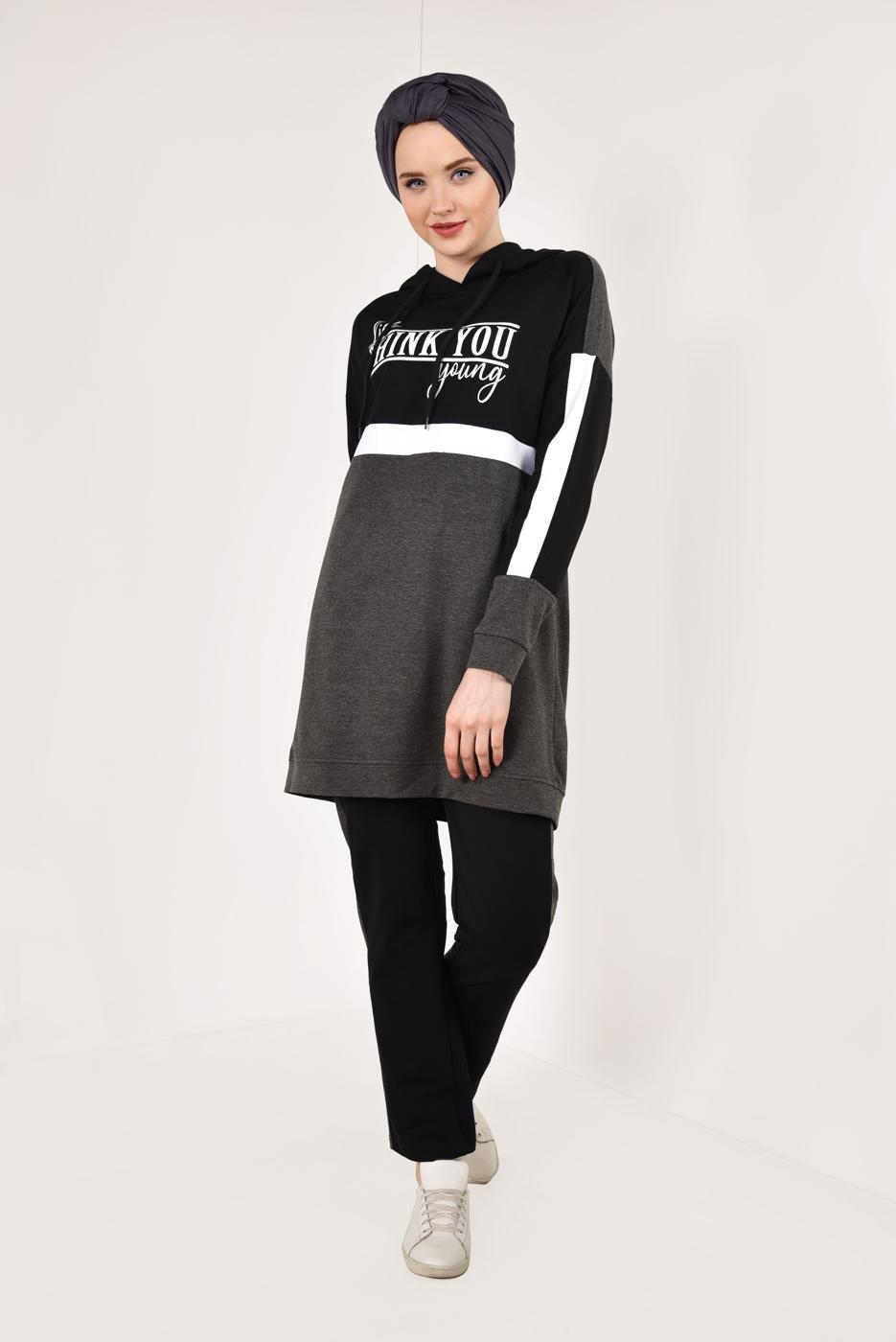 Tesettür giyim GRİ KAPÜŞONLU EŞOFMAN TAKIM T 7238