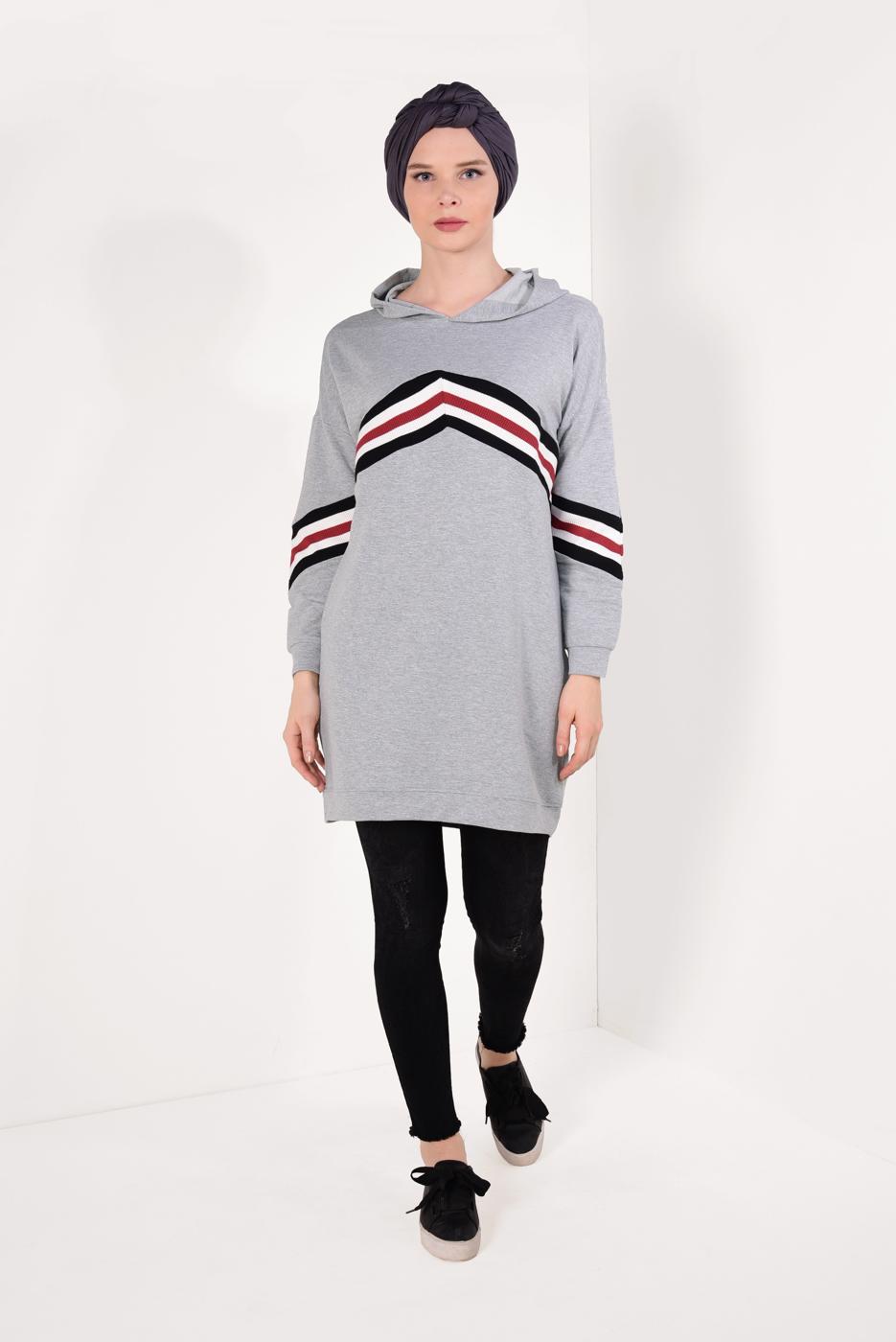 Tesettür giyim GRİ ÇİZGİ DETAYLI EŞOFMAN TUNİK T 7728