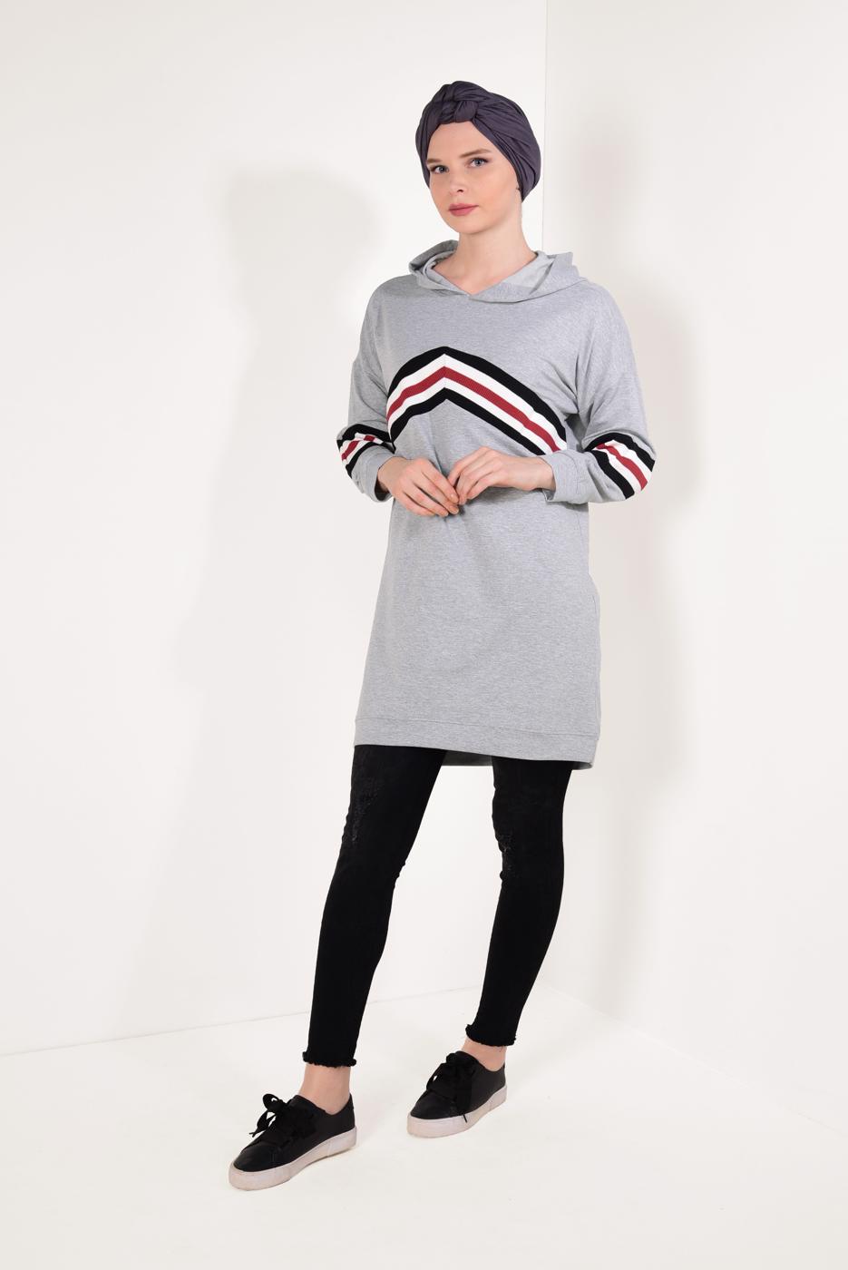 Tesettür giyim GRİ ÇİZGİ DETAYLI EŞOFMAN TUNİK T 7728