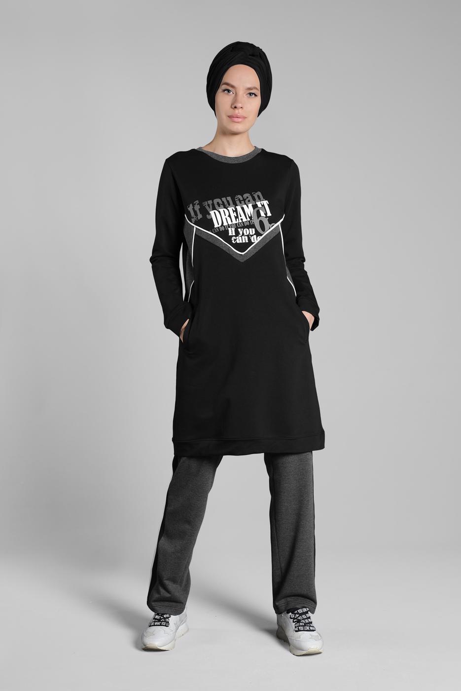 Tesettür giyim SİYAH YAZI BASKILI PAMUKLU EŞOFMAN TAKIMI 7838