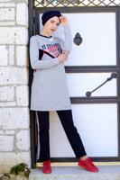 Tesettür giyim GRİ YAZI BASKILI PAMUKLU EŞOFMAN TAKIMI 7838