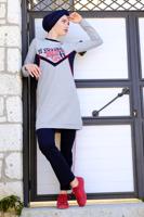 Tesettür giyim GRİ YAZI BASKILI PAMUKLU EŞOFMAN TAKIMI 7838