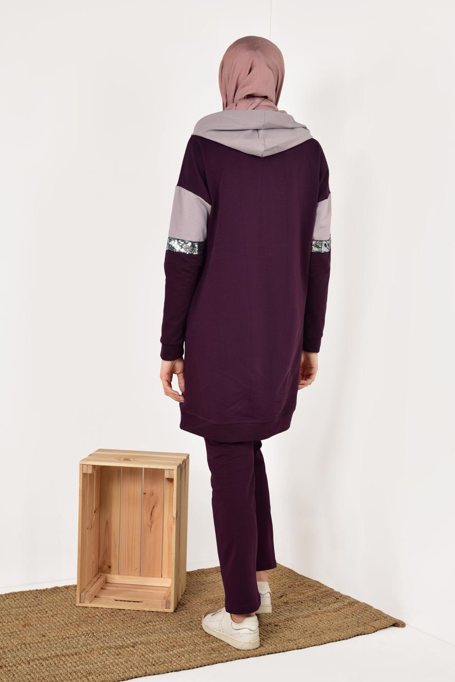 Tesettür giyim MÜRDÜM PUL PAYETLİ YAZI BASKILI EŞOFMAN TAKIMI 7938