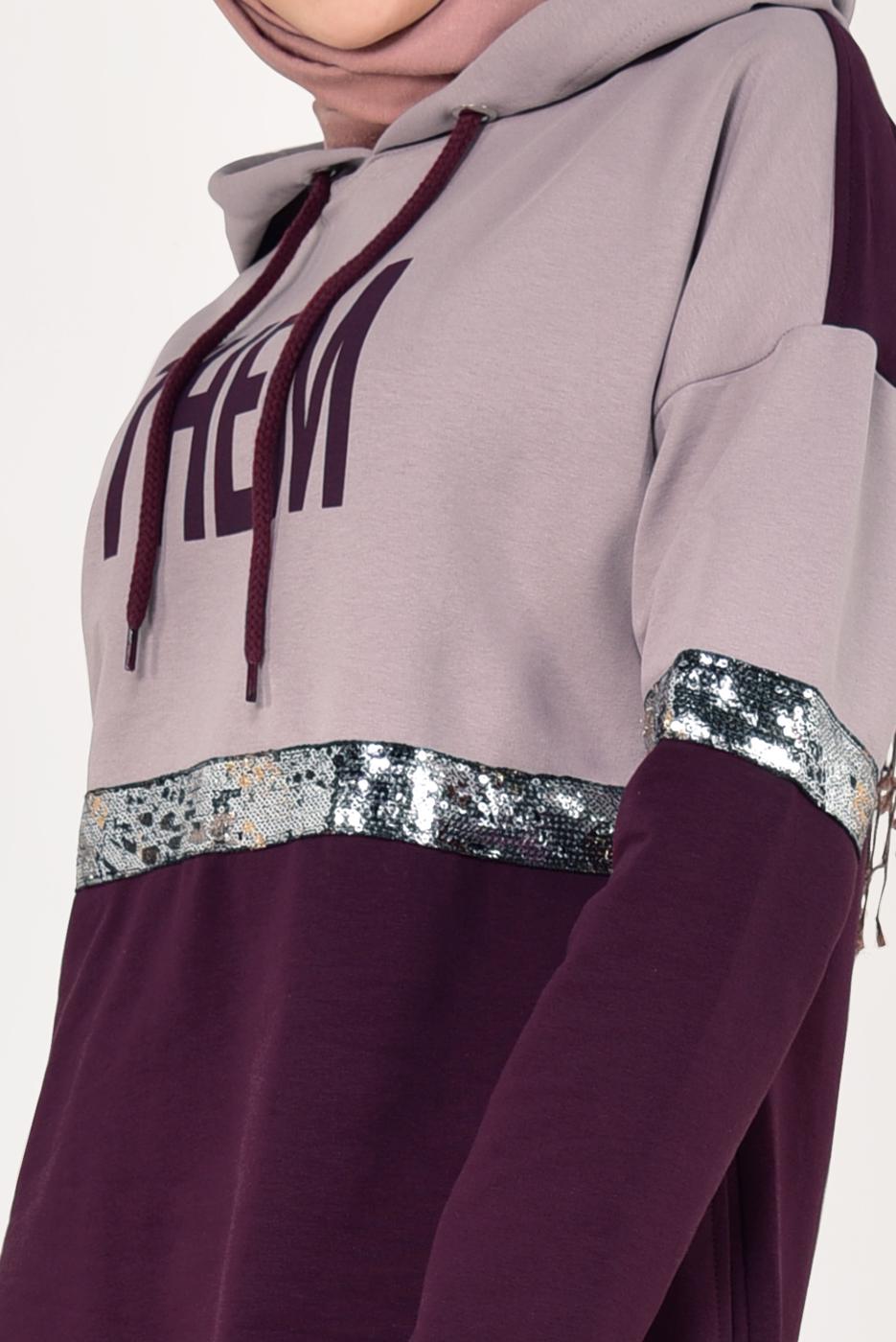 Tesettür giyim MÜRDÜM PUL PAYETLİ YAZI BASKILI EŞOFMAN TAKIMI 7938