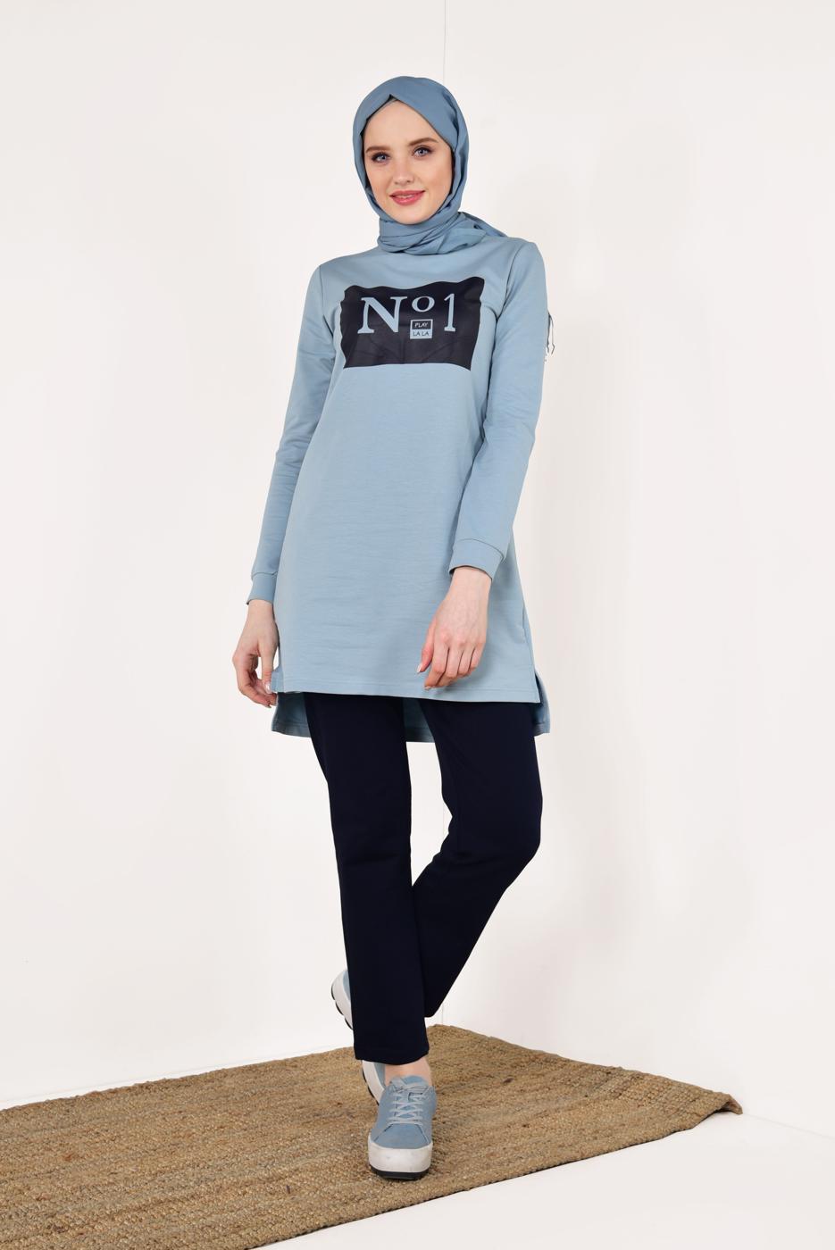 Tesettür giyim MAVİ PAMUKLU PANTOLONLU EŞOFMAN TAKIM 8038