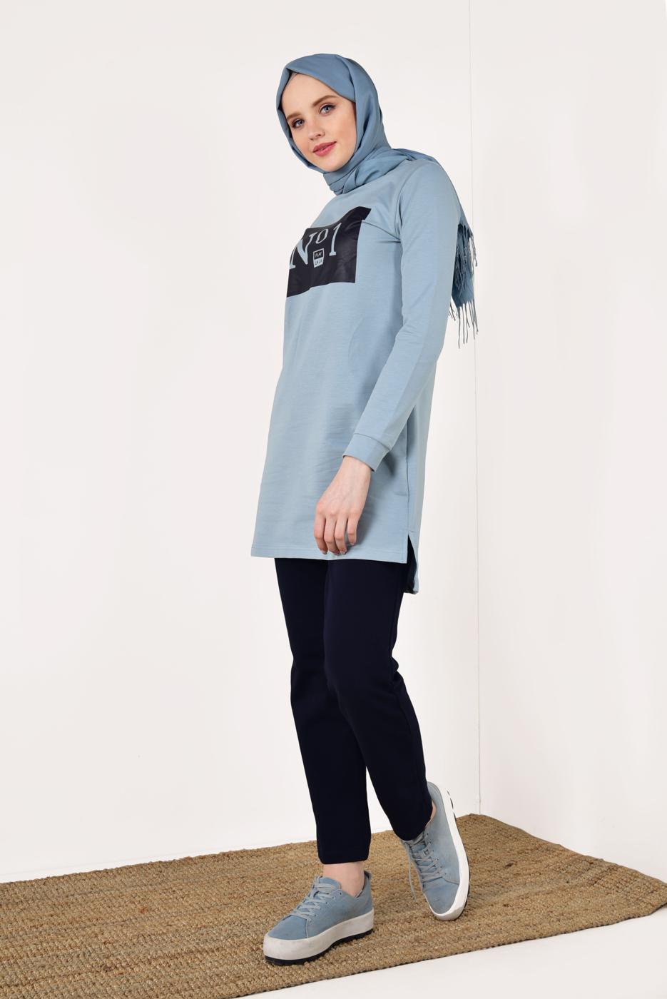 Tesettür giyim MAVİ PAMUKLU PANTOLONLU EŞOFMAN TAKIM 8038