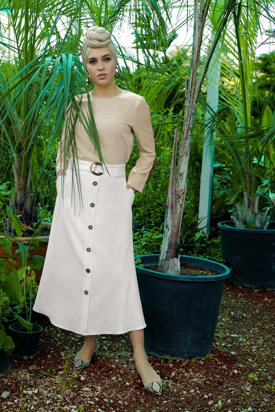 Tesettür giyim EKRU ÖNDEN DÜĞMELİ BELİ KEMERLİ ETEK 22771