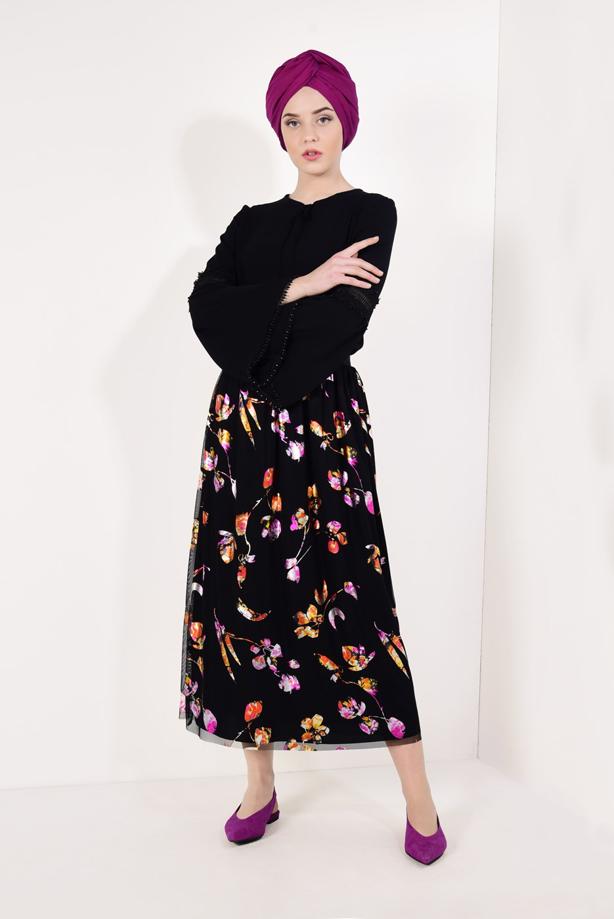 Vêtements hijab  T 7315-1 Çiçek Desenli Jakarlı Etek-Zamane - TRENDTESETTÜR